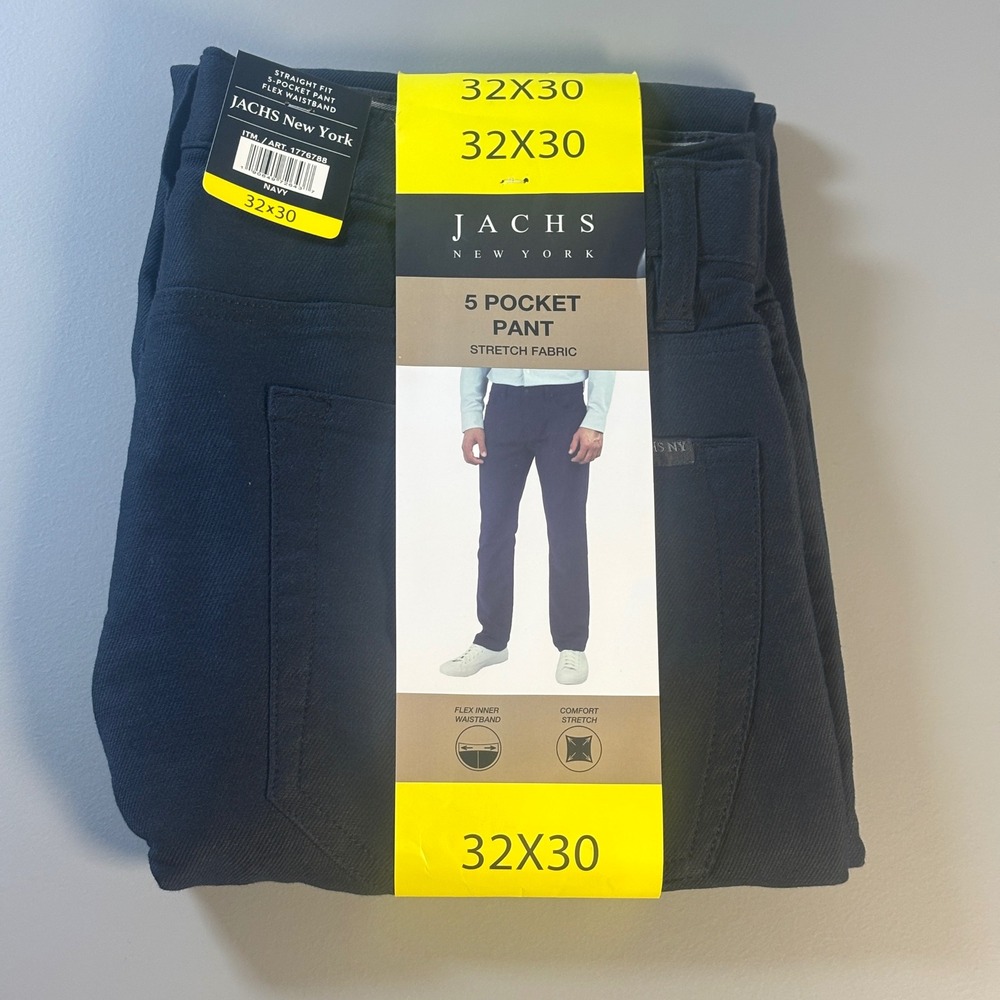 Jachs New York Mens‎ 32x30 Navy 5 Pocket Stretch Fabric Straight Fit Pants NWT